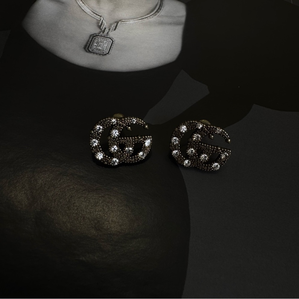 Gucci Double G Crystal Stud Earrings Bronze Tone Made in Italy